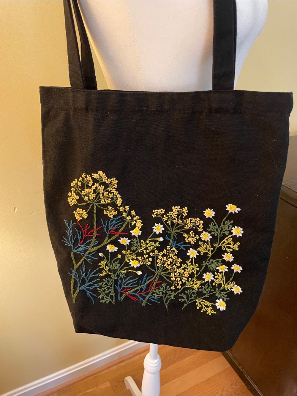 One of a Kind Hand Embroidered Tote Bag with Rifle Paper Co Fabric Lining